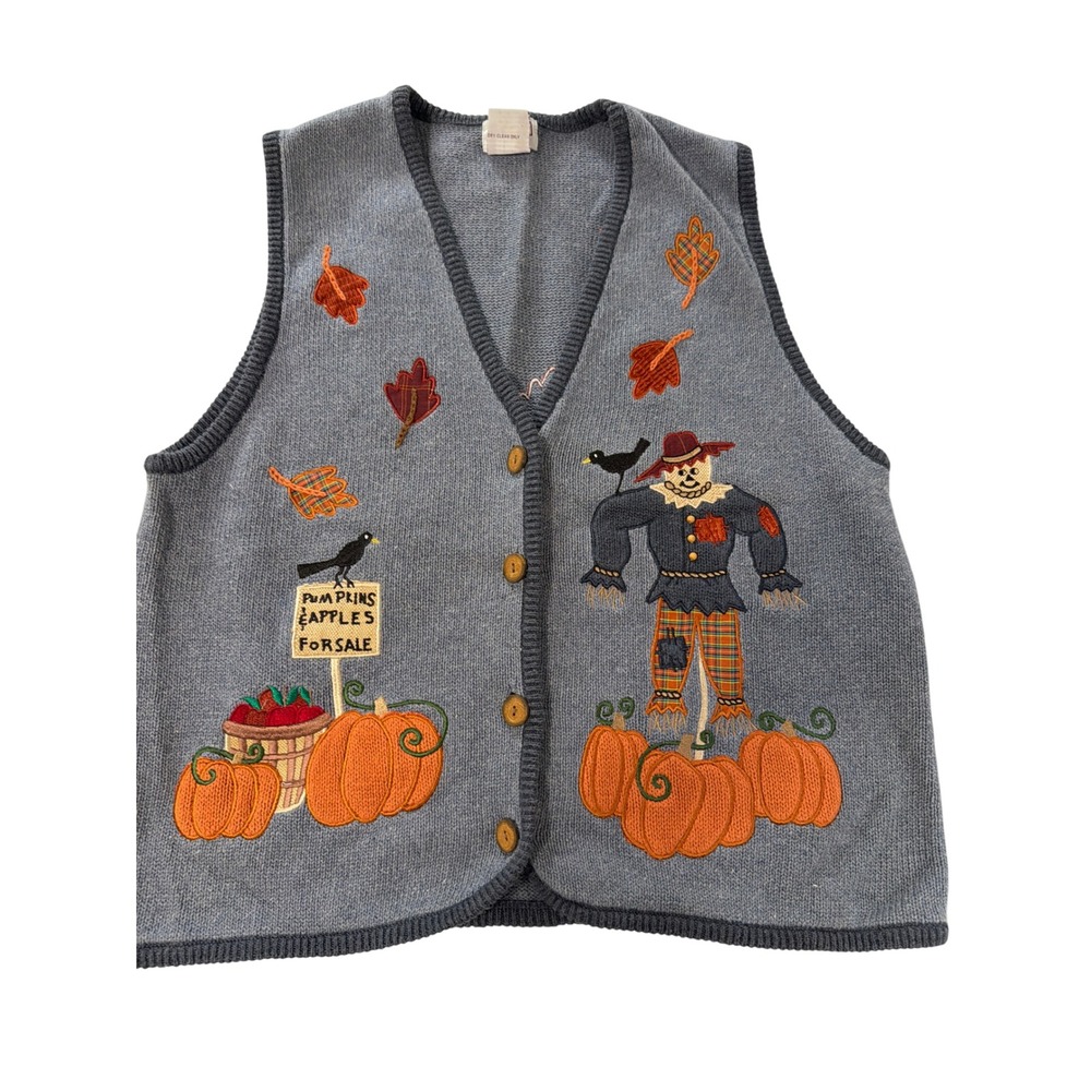 t Vintage Fall Scarecrow Pumpkin Embroidered Knit Sweater Vest XL  Cottagecore